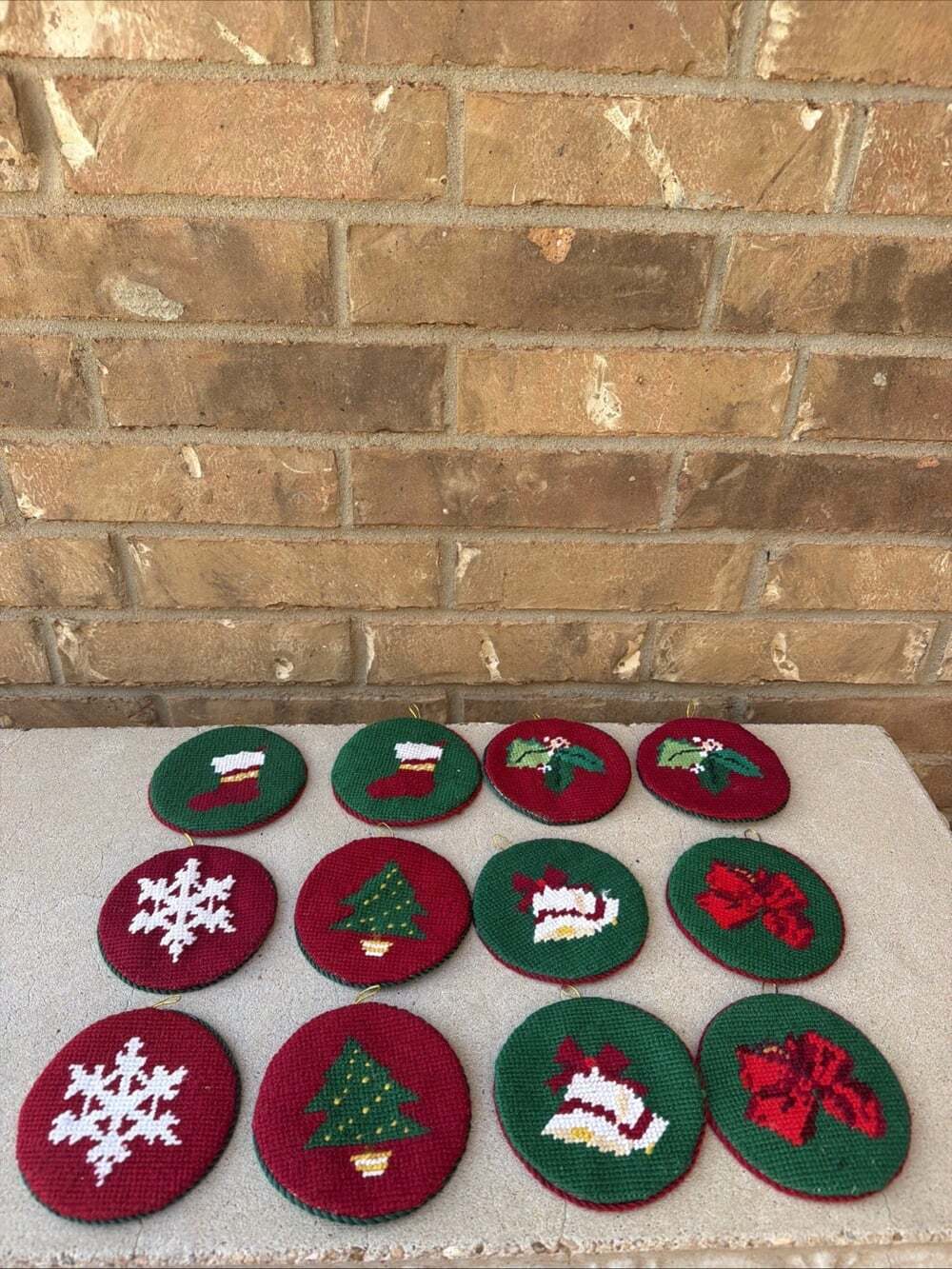 Canvas Needlepoint Christmas Tree Hanging Ornament Handmade Set Of 12